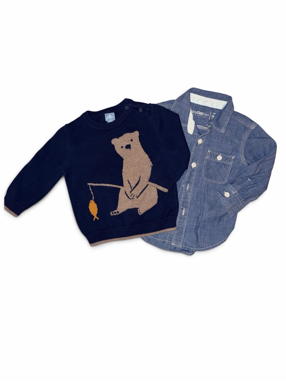 GAP Navy Sweater with Tan Bear and Orange Fish Graphic. Denim button up.